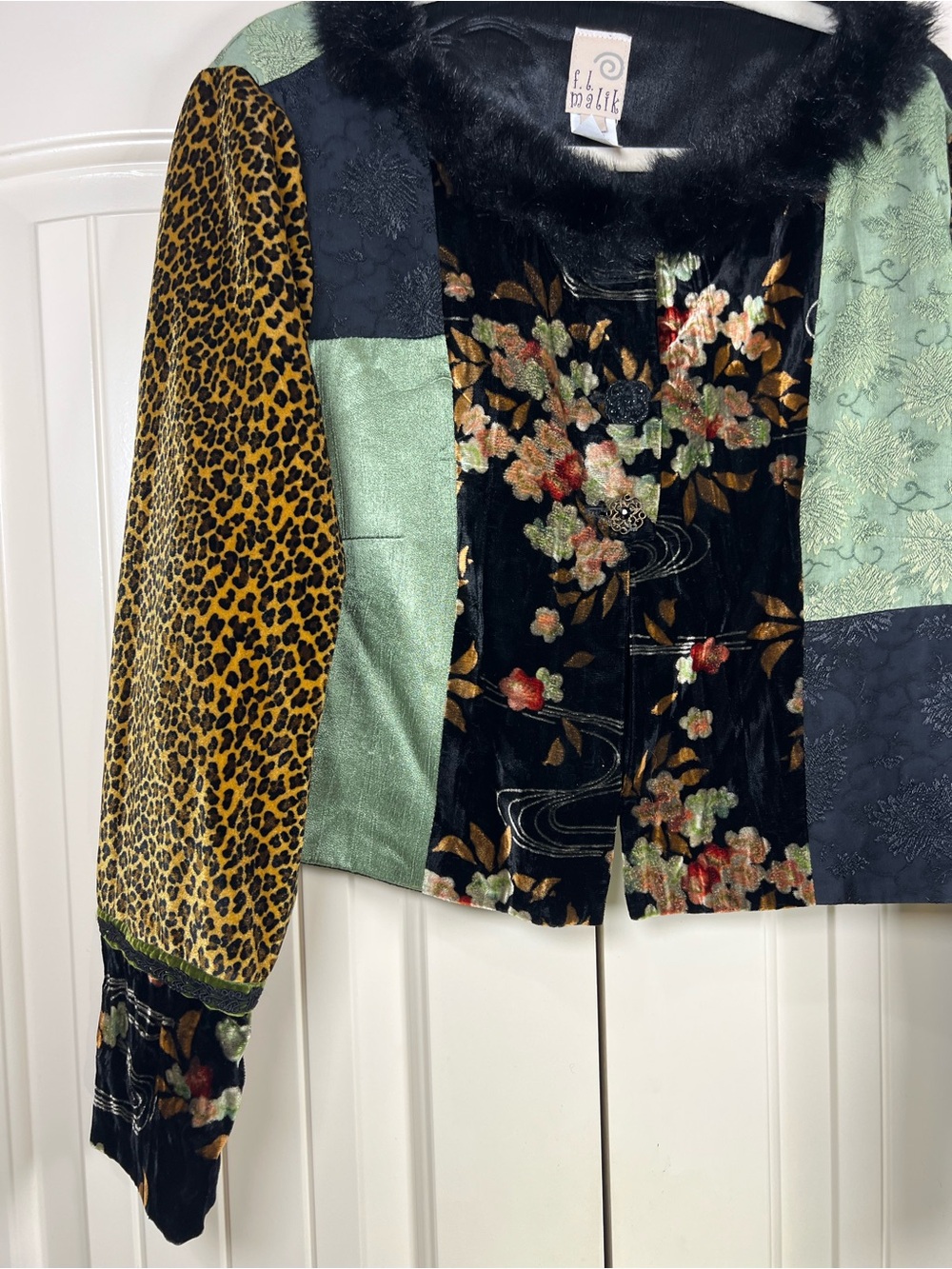 VTG F.L. Malik Velvet Patchwork Faux Fur Statement Jacket Coquette Whimsigoth L - Picture 4 of 8
